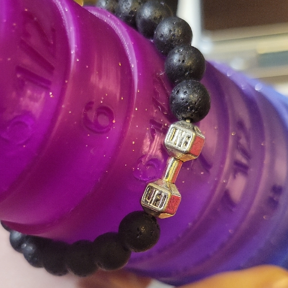 "Live Lift" Lava Stone Stretch Bracelet • Silver Tone Dumbbell Focal Bead Unisex